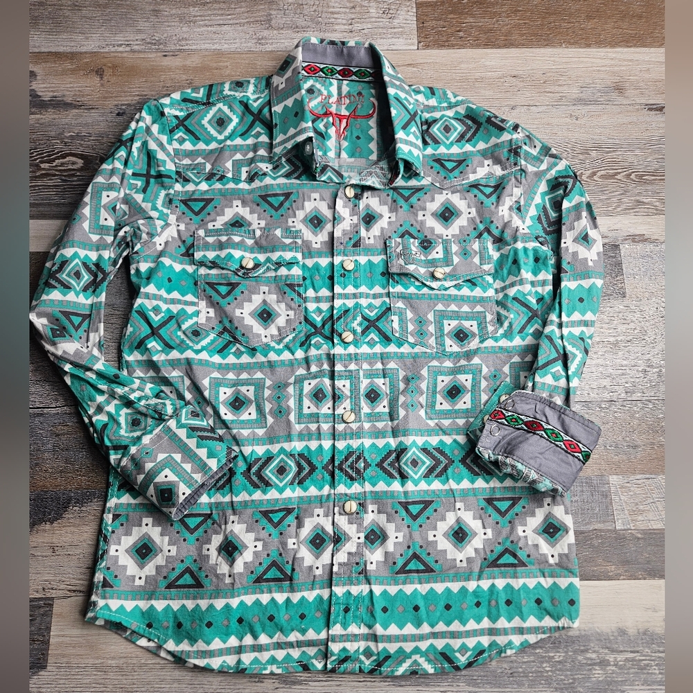 Platini Youth Size 8 Rodeo Western Aztec Print Snap Front Long Sleeve Teal